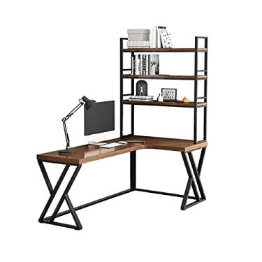 Imagem de AKALNNB Mesa de PC multifuncional em forma de L, mesa de escritório em casa com prateleiras de armazenamento de 3 camadas, grande suporte para monitor, estação de trabalho, mesas de escritório