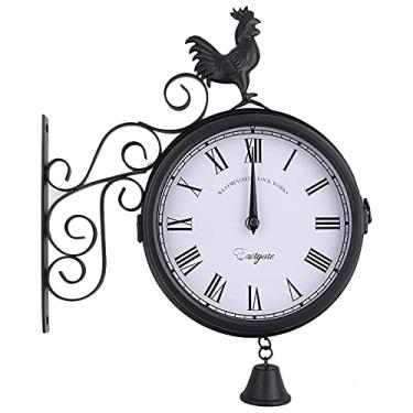 Imagem de AKALNNB Relógio de jardim ao ar livre, relógio de parede dupla face com sino de galo, estilo country retrô europeu, ferro forjado, números romanos, exibição silenciosa, relógio de parede com suporte