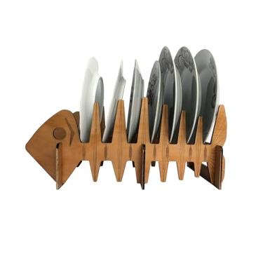Imagem de Wooden idea Escorredor de pratos em forma de peixe, suporte de placa de madeira compensada de pinho com superfície lisa, fácil de limpar, organizador de cozinha removível para casa, restaurantes e