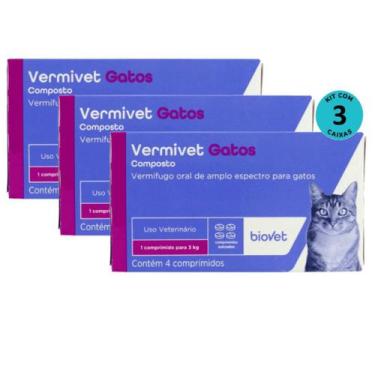 Imagem de Vermivet 300mg para Gatos Com 4 Comprimidos Kit com 3 caixas - Biovet