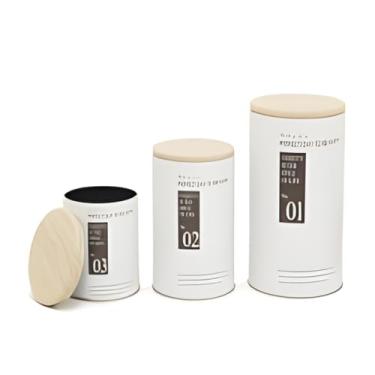 Imagem de Conjunto de Potes Herméticos, 3 Latas de Metal com Tampa de Bambu, Branco, Organizadores para Cozinha e Despensa, 1256/886/452 ml latas de mantimento