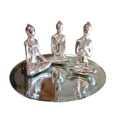 Imagem de Decoração Sala Objetos Kit, Com 3 EstáTuas Enfeite Decorativo Meditação Posições de Yoga 6cm + Bandeja Espelhada(Prata + Bandeja Espelhada,COM ESPELHO)