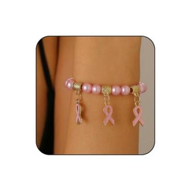 Imagem de WCRAZYE Pulseiras femininas de conscientização do câncer de mama com miçangas multicamadas rosa, pulseira elástica, acessórios de conscientização da mama, Stretch Fit, Miçangas Elástico, Sem Pedra