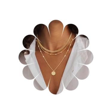 Imagem de TseanYi Bohemia Colar com pingente de moeda em camadas, disco dourado, lantejoulas, colar de corrente em camadas, colares boêmios, círculos, discos, gargantilhas, corrente para mulheres, Zinco, Sem