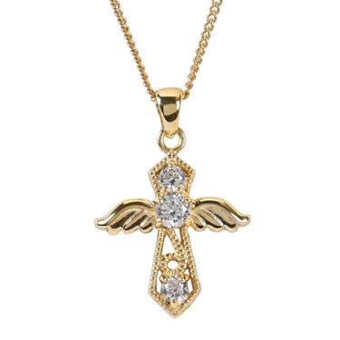 Imagem de Dicksons Colar feminino elegante com cruz de asa de anjo em tom dourado de 45,7 cm enfeitado com pedras de zircônia cúbica cintilantes Faith Jewelry