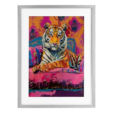 Imagem de Stupell Industries Impressão emoldurada de tigre sobre laranja rosa branco sob vidro, design por LSR Design Studio, 23 x 17