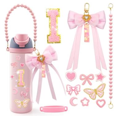 Imagem de LBU 12 peças de acessórios de letras para garrafa de água Owala 24/32/1,134 g com adesivo inicial fofo, chaveiro de letra do alfabeto de laço, alça de alça peral, decorações para copo Owala Freesip