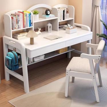 Imagem de Mesa infantil com prateleiras e armazenamento com pernas, mesa de estudo com gaiola e gaveta para quarto, mesa infantil ajustável em altura para todas as crianças com gaiola e 2 gavetas branca 140 x