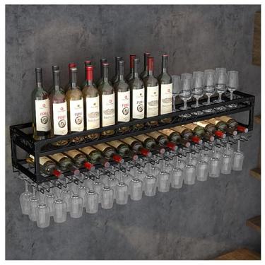 Imagem de HGTRH Rack de vinho montado na parede com suporte de vidro, prateleira de vinho de ferro estilo moderno suporte de vinho montado na parede, prateleira de exibição de garrafa de licor de 2 camadas