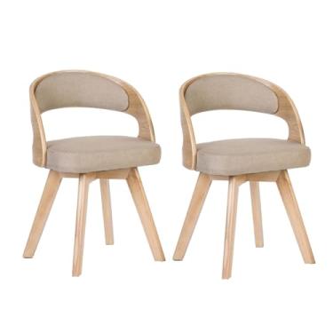 Imagem de HGTRH Cadeiras de jantar de madeira, cadeira estofada giratória com almofada de linho de algodão e encosto oco arco pernas de madeira para quarto cozinha B 2 peças