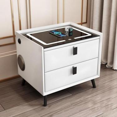 Imagem de Yadlan Mesa de cabeceira inteligente com carregamento sem fio, mesinhas de cabeceira com gavetas de madeira maciça, 2 gavetas mesa de cabeceira para quarto com Bluetooth e luz LED sensível ao toque, 2