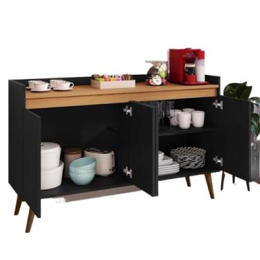 Imagem de Aparador Buffet Sala De Estar Cantinho Café Armário Cozinha 2,3,4 Portas Organizador Prático(Lívia 4 Preto Com Freijó)