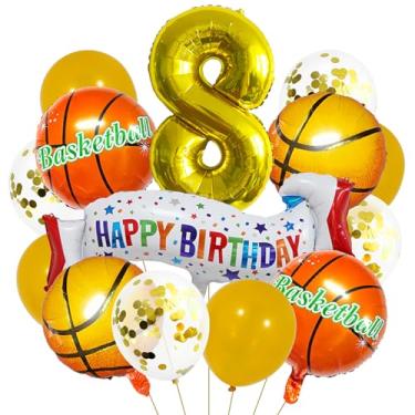 Imagem de Balão dourado de basquete número 8. Balões de alumínio de 8º aniversário, balões coloridos de banner de 8 anos de basquete, kits de balões esportivos de 8 anos, balões de festa, meninos, decoração de