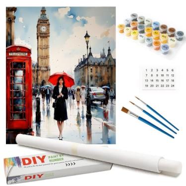 Imagem de Kit de pintura de paisagem urbana por números para adultos - DIY London Street com cabine telefônica vermelha em tela enrolada 40,6 x 50,8 cm, conjunto de tinta acrílica para iniciantes, arte urbana