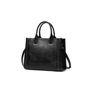 Imagem de Bolsa de couro feminina - Bolsa tiracolo de couro genuíno vintage com alça superior com alça ajustável, Preto