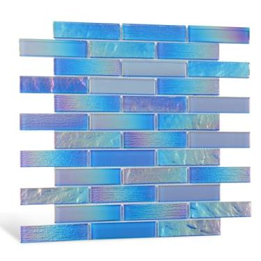 Imagem de Adedeo Azulejo de mosaico de vidro Backsplash azul fantasia 30,5 x 30,5 cm brilhante para piscina, cozinha, banheiro, chuveiro, fonte de água, spa, parede (lençol de mosaico longo, pacote com 5, 5 m²)