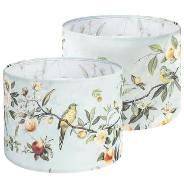 Imagem de Haultop Conjunto de 2 persianas de tambor de tecido pequenas, 22 x 22 x 20 cm, abajur com estampa floral e pássaro, abajur para abajur de mesa, suporte de aranha e base E26