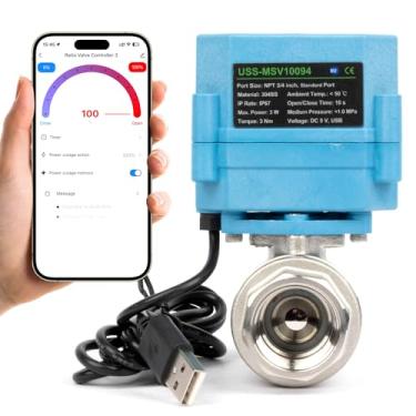 Imagem de U.S. Solid Válvula esférica motorizada inteligente WiFi 1/5.1 cm NPT para controle de água e irrigação, válvula elétrica de latão de 3 vias, alimentada por USB, indicador de status de LED, janela de