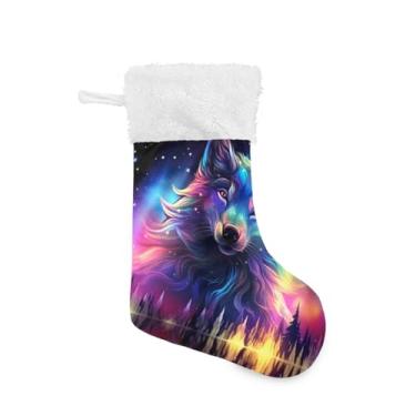 Imagem de ATTX Meias de Natal Aurora Boreal Lobo, Brancas de Pelúcia, Suportes de Presente para Decorações de Festas de Férias (17,7 polegadas, 1 Pacote) #233