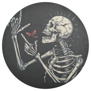 Imagem de xigua Jogo americano redondo de esqueleto engraçado de Halloween, conjunto de 1, tapete de mesa redondo antiderrapante resistente ao calor, tapetes de mesa de 48 cm para decoração de cozinha, jantar e