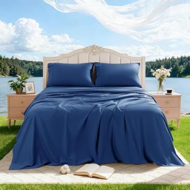 Imagem de REDASW Jogo de lençol 100% algodão egípcio, 4 peças, Queen, 1000 fios, respirável, macio, lençol com elástico com bolso profundo de 41 cm (Queen, azul marinho)