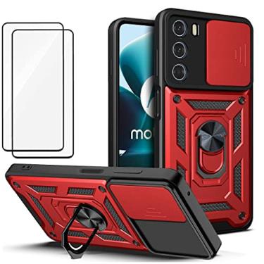 Imagem de Capa para Motorola Moto Edge 30 Capinha | com 2 protetores de tela temperados, janela deslizante de proteção da câmera integrada e suporte para telefone - Vermelho