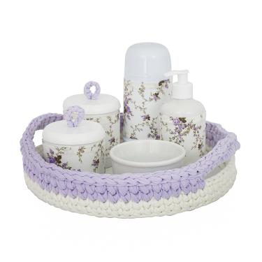 Imagem de Kit Higiene Crochê Com 6 Peças e Garrafa Pequena Lilás Quarto Bebê