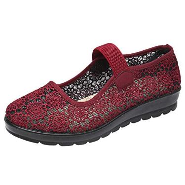 Imagem de missfiona Sapatos de dança femininos vazados Granny Walk respirável e sola macia Mary Jane, Vermelho, 38