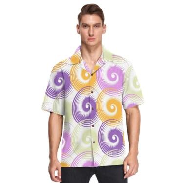 Imagem de Camisas masculinas havaianas abotoadas manga curta espiral espiral roxo bonito amarelo moda urbana camisas de vestir para, Spiral Swirls roxo fofo amarelo, M