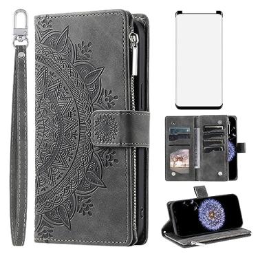 Imagem de Asuwish Capa de celular para Samsung Galaxy S9 Plus com protetor de tela de vidro temperado e alça de pulso mandala flor flip zíper porta-cartões celular S9+ 9S 9+ S 9 9plus S9plus feminino cinza