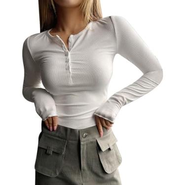 Imagem de Camiseta feminina manga longa gola V abotoada Y2k slim malha canelada camiseta básica lisa casual, Branco 1, GG