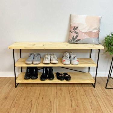 Imagem de Sapateira Banco Industrial de Ferro e Madeira  Natural e Preto - ArtFa