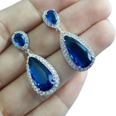 Imagem de Brinco Pedra Zirconia Prata Festa Gota Azul Debutante Madrin - De Cast