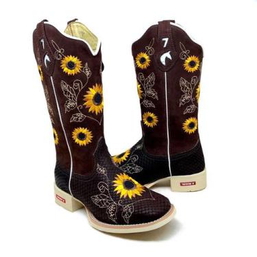Imagem de Bota Texana Bordados Girassol Com Bolso Solado Bege Coleção 2021 7ESTR
