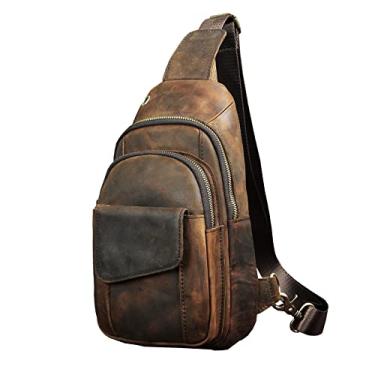 Imagem de Mochila masculina Le'aokuu casual para viagem, caminhada, chá, transversal, peito, alça de ombro único, mochila masculina de couro, 8013 Dark Brown 2, Medium