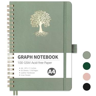 Imagem de RETTACY Caderno de papel quadriculado, 110 páginas, tamanho grande A4 (21 x 28 cm), 5 quadrados por polegada, capa dura de couro, papel grosso 100 GSM, para escola, estudantes, matemática, engenharia