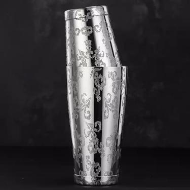 Imagem de Conjunto de lata de coqueteleira de aço inoxidável, design gravado, aço inoxidável 304, estilo Boston Shaker 510 g e 800 ml (ponderado em prata, folhas)