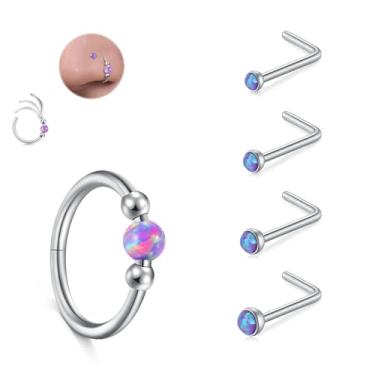Imagem de JFORYOU Conjunto de anéis de nariz 18G para mulheres, aço inoxidável, hipoalergênico, 1,5 mm, 2,5 mm, 2,5 mm, 3 mm e opala articulada, segmento clicker, argolas de nariz, argolas, cartilagem de hélice