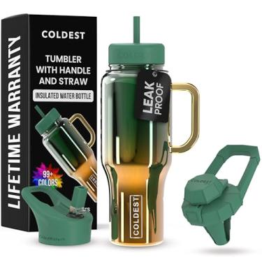 Imagem de Copo Coldest com alça e canudo - Copo 100% à prova de derramamento com canudo (3 tampas) - Copos isolados de aço inoxidável à prova de vazamento para mulheres e homens - Adequado para porta-copos