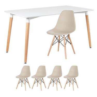 Imagem de Kit - Mesa Retangular Eames 80 X 140 Cm + 4 Cadeiras Dsw Mesa Branco Com Cadeiras Nude Mesa Branco Com Cadeiras Nude