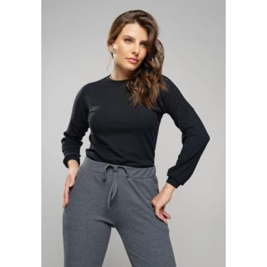 Imagem de Blusa Morcego Gola Canoa Manga Longa Canelada Preta Salvatore Fashion,