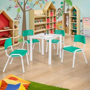 Imagem de Ecom Home - Jogo Infantil Mesa com 4 Cadeiras Verde Água Brinquedoteca Estudos Quarto Recreação Atividades