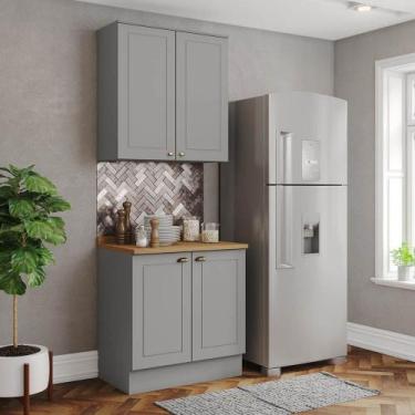 Imagem de Armário de Cozinha 80cm 4 Portas com Tampo Americana Henn, Cinza/Natur