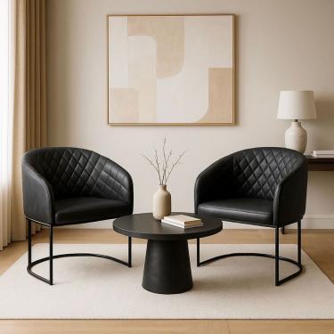 Imagem de Kit com 2 Poltronas Mavie com Base Fixa em Aço Carbono e Courino Preto – Exclusiva