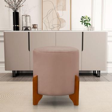 Imagem de Puff Redondo Em Veludo Com Pés Em Madeira Maciça Decorativo Sala Quarto