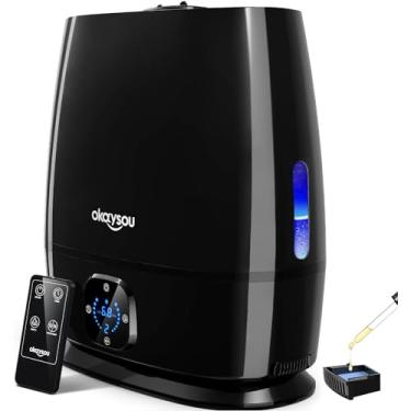 Imagem de Okaysou Umidificador Aqua Q6 para quarto grande (6L), névoa quente e fria com enchimento superior, vaporizador de ar ultrassônico para plantas de bebê crianças com bandeja de óleo essencial, modo automático inteligente, silencioso, sem filtro, controle remoto com umidistador, preto