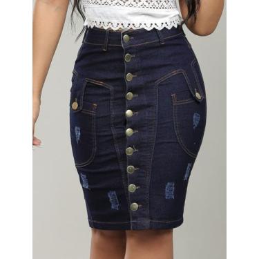 Imagem de Saia Evangelica Moderna Jeans Escuro Lápis Fechamento em Botões Fronta