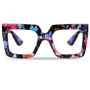 Imagem de hoyuwak Óculos grandes quadrados com luz azul, armação grande, óculos de computador, grossos, modernos, transparentes, para mulheres, moda, Flor, 148*58Mm, 54Mm, 145Mm