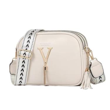 Imagem de Bolsa Transversal Quadrada Feminina em - Alça Larga com Franjas e Detalhes Metalizados, Múltiplas Cores Trendy (Bege)