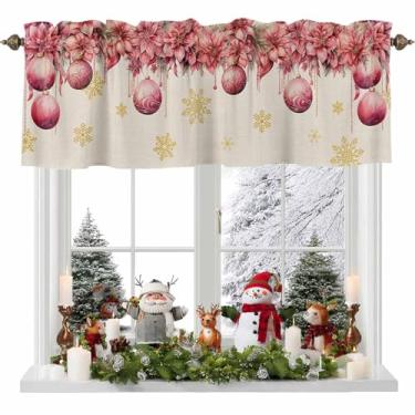 Imagem de Bolas de Natal, cortina para janelas, flores de poinsétia rosa, dourado, floco de neve, textura de linho, saia com bolso para varão, tratamento de janela, cortinas curtas para cozinha, banheiro, sala